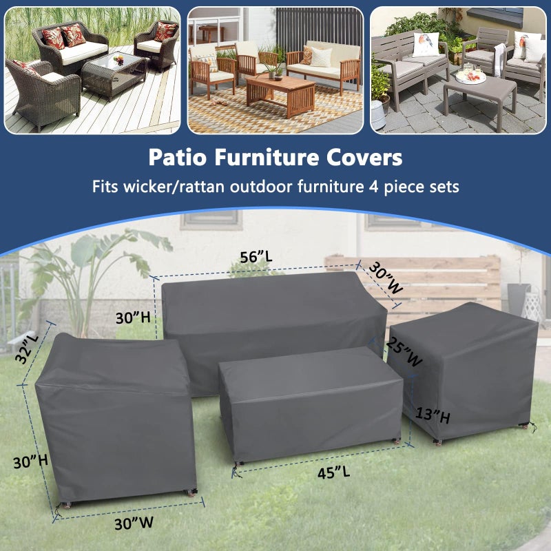 STARTWO Patio Furniture Covers 4 Piece Set, Heavy Duty Waterproof Outdoor Furniture Cover, Windproof Patio Cover for Rattan Wicker Conversation Set, Patio Furniture Set Cover, Grey - Image 2